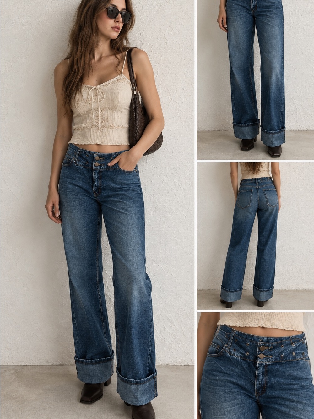 Vintage Y2K Wide Leg Baggy Jeans Size 11 Eyelet Waistband Cuffed Hem